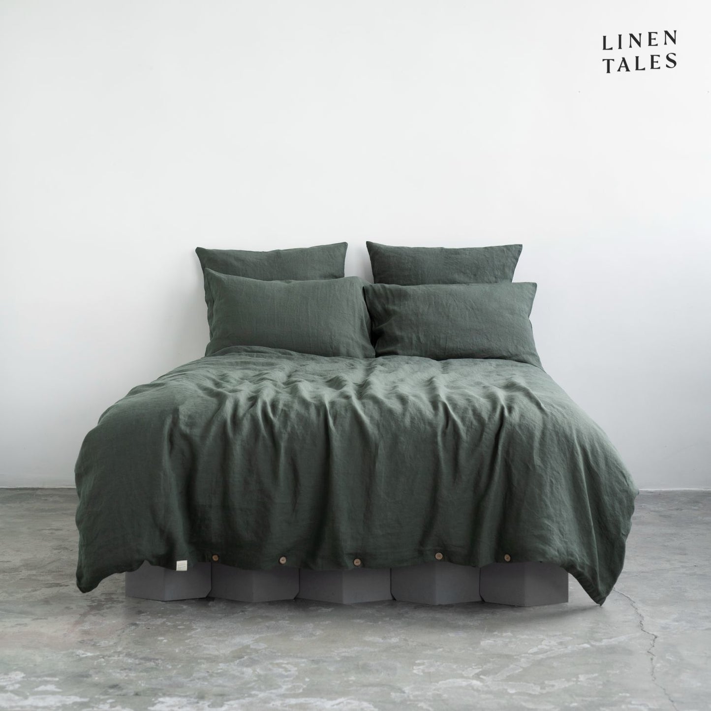 Premium Forest Green linen duvet set with matching pillowcases, elegantly styled for a soft and breathable sleep experience.