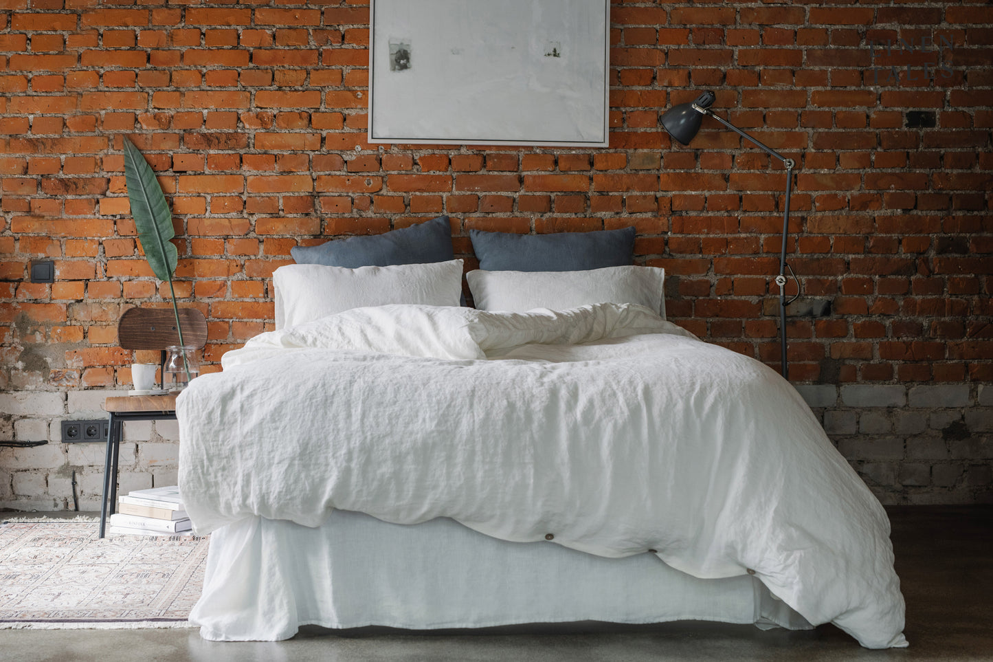 A crisp white duvet cover set paired with soft Blue Fog pillowcases, fresh elegance meets calming tones for effortless bedroom luxury.