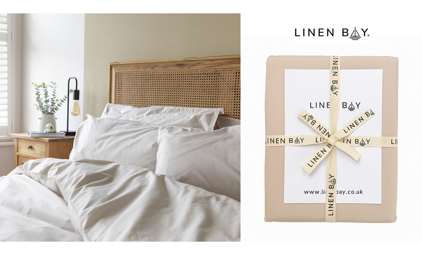 Linen Bay® premium cotton bedding set, elegantly folded and individually wrapped in a reusable self-fabric cotton bag with branded ribbon and card, perfect for gifting and showcasing luxury presentation.