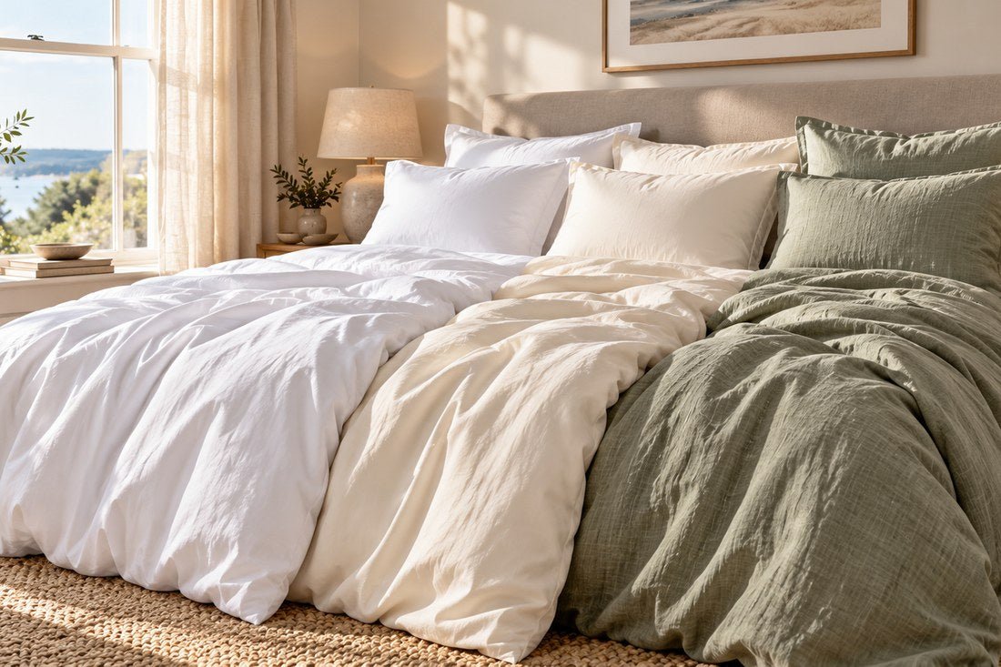 Organic cotton percale, cotton sateen and European linen duvet covers styled on a luxury bed, showing different bedding textures and finishes.