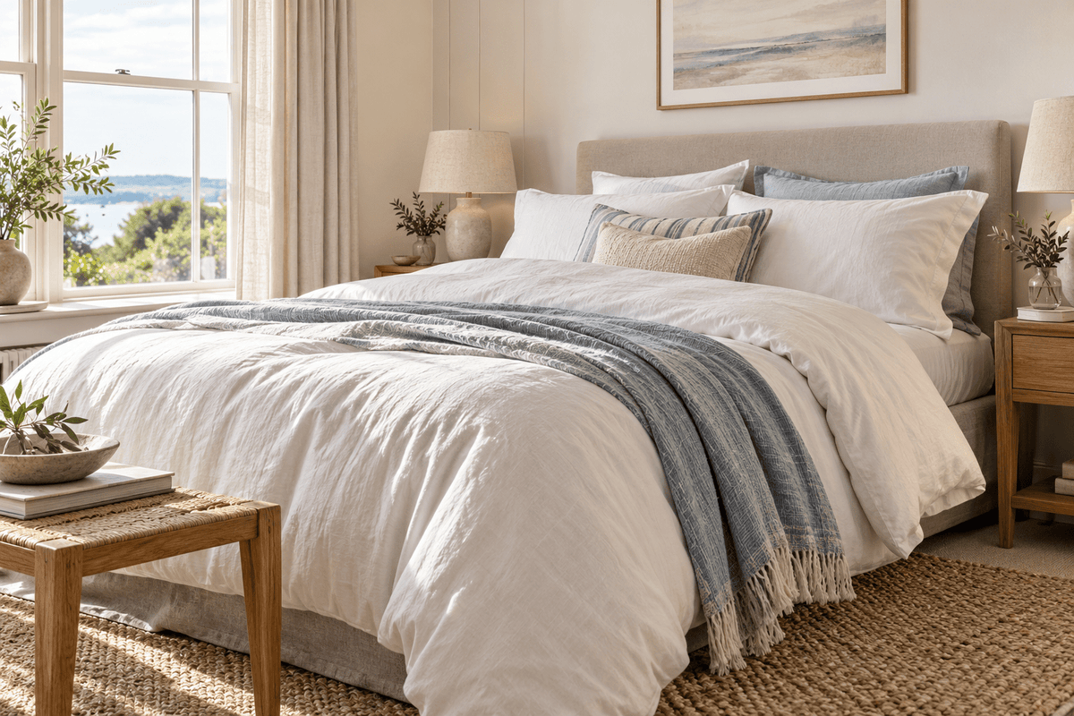 Premium cotton and linen duvet covers in an elegant UK bedroom