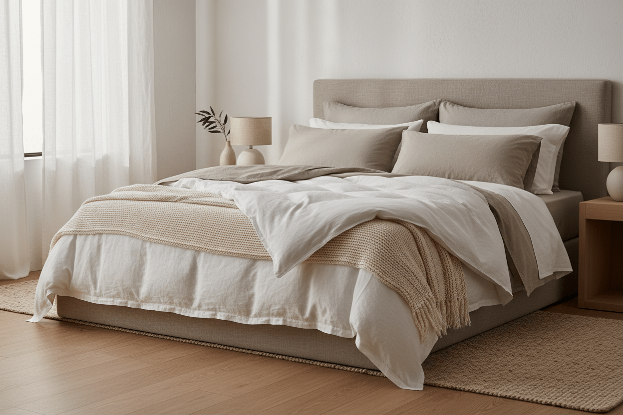 Luxury linen and organic cotton duvet cover on a beautifully made bed demonstrating the comfort and value of using a duvet cover.