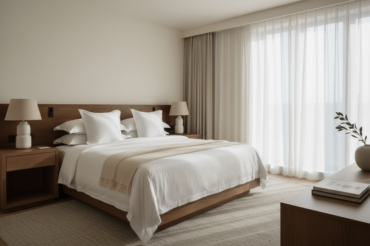 Luxury five-star hotel bed featuring premium pocket sprung mattress with crisp organic cotton bedding, fluffy duvet and layered pillows