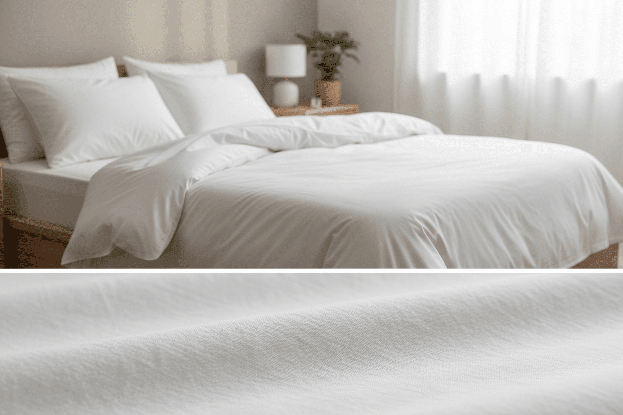 100% cotton bedding in a bright bedroom showing breathable soft fabric texture and natural light for comfortable sleep