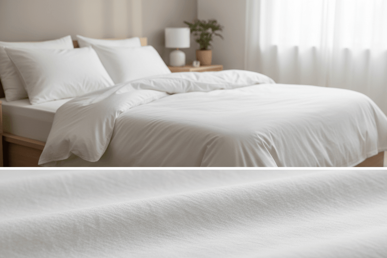 100% cotton bedding in a bright bedroom showing breathable soft fabric texture and natural light for comfortable sleep