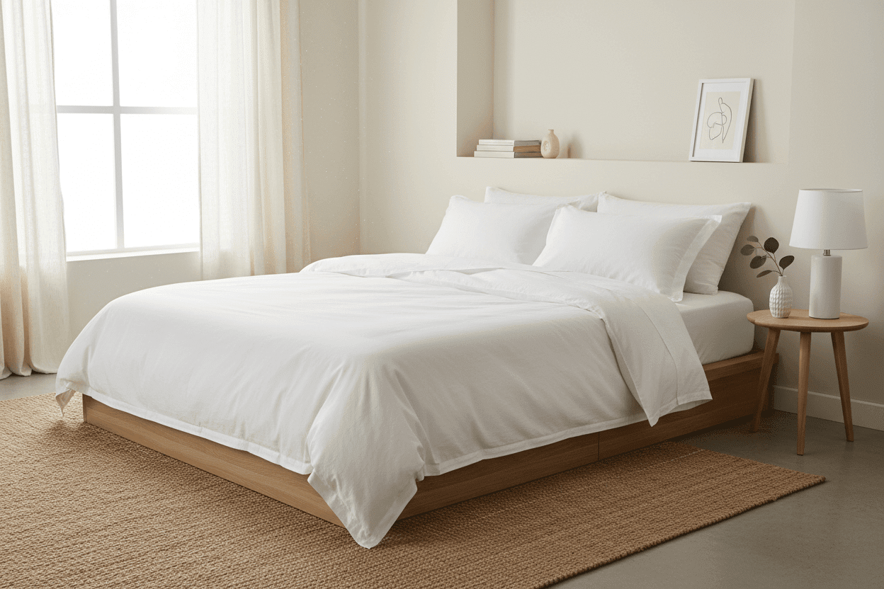 Breathable cotton percale bedding on a minimalist bed illustrating comfortable natural bedding that helps improve sleep quality.