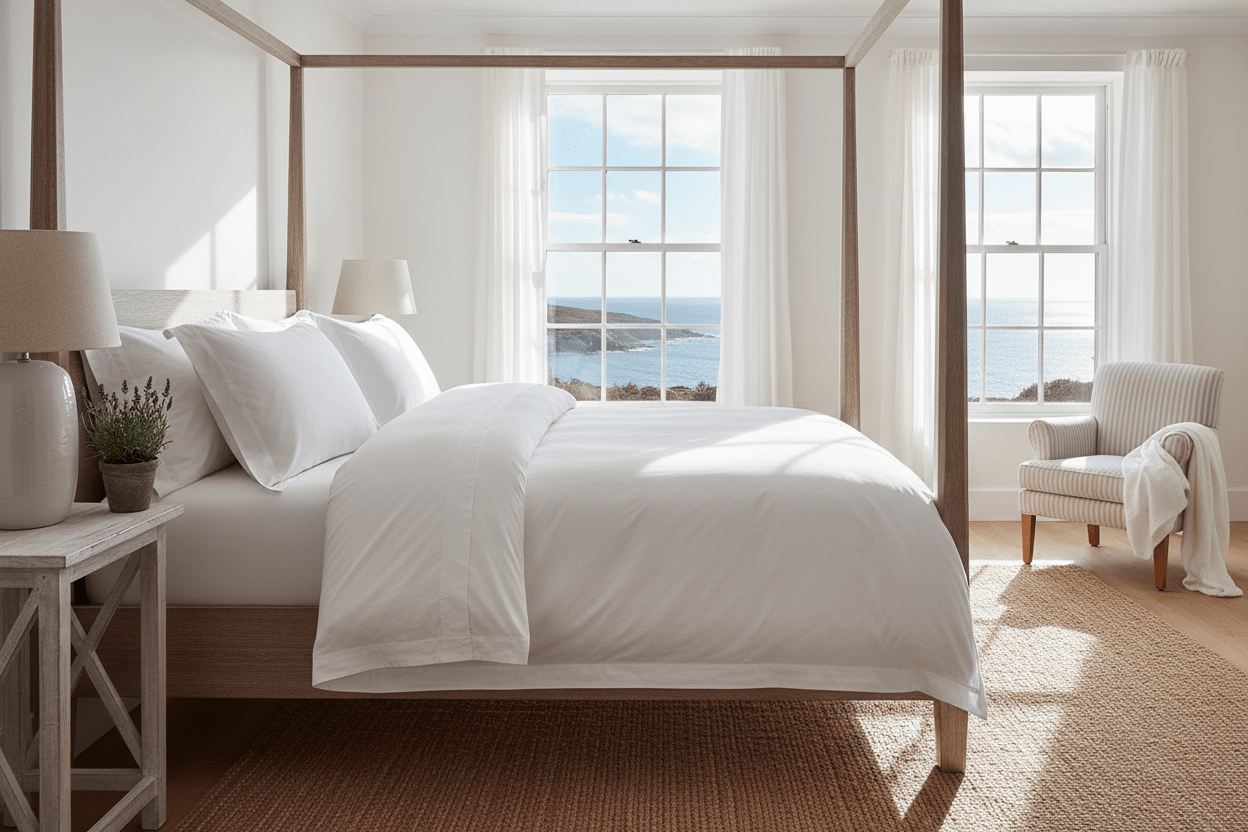 Premium 100% cotton bed sheets styled in a bright luxury bedroom