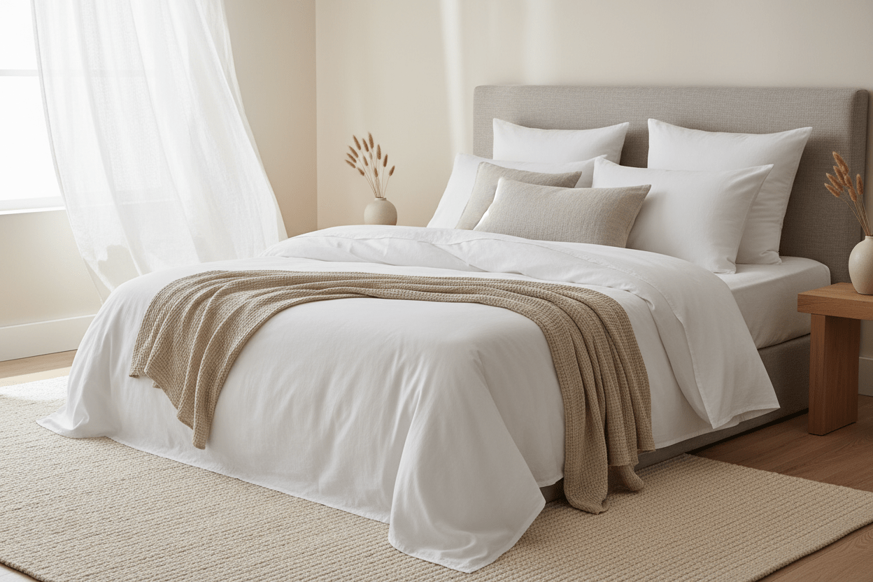 100% pure cotton bedding and linen sheets styled in a bright bedroom showing breathable, natural fabric as an alternative to Egyptian cotton