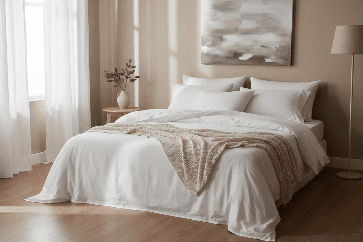 Light-filled bedroom with crisp white cotton bedding and a softly draped linen throw, creating a calm, breathable luxury sleep setting