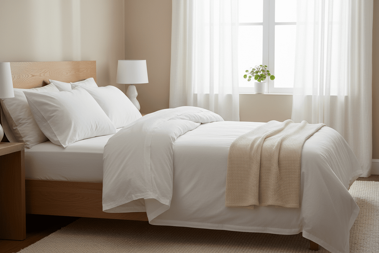 A calm, light-filled bedroom scene styled with premium 100% cotton bedding in soft white or warm neutral tones. The bed looks inviting and breathable, with gently rumpled cotton sheets and a smooth cotton duvet cover