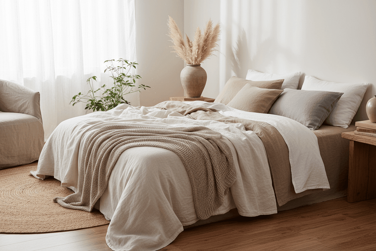 On one side of the bed, a folded corner reveals layered fabric textures to subtly suggest differences in material quality. No people present. No logos, labels, or text. 