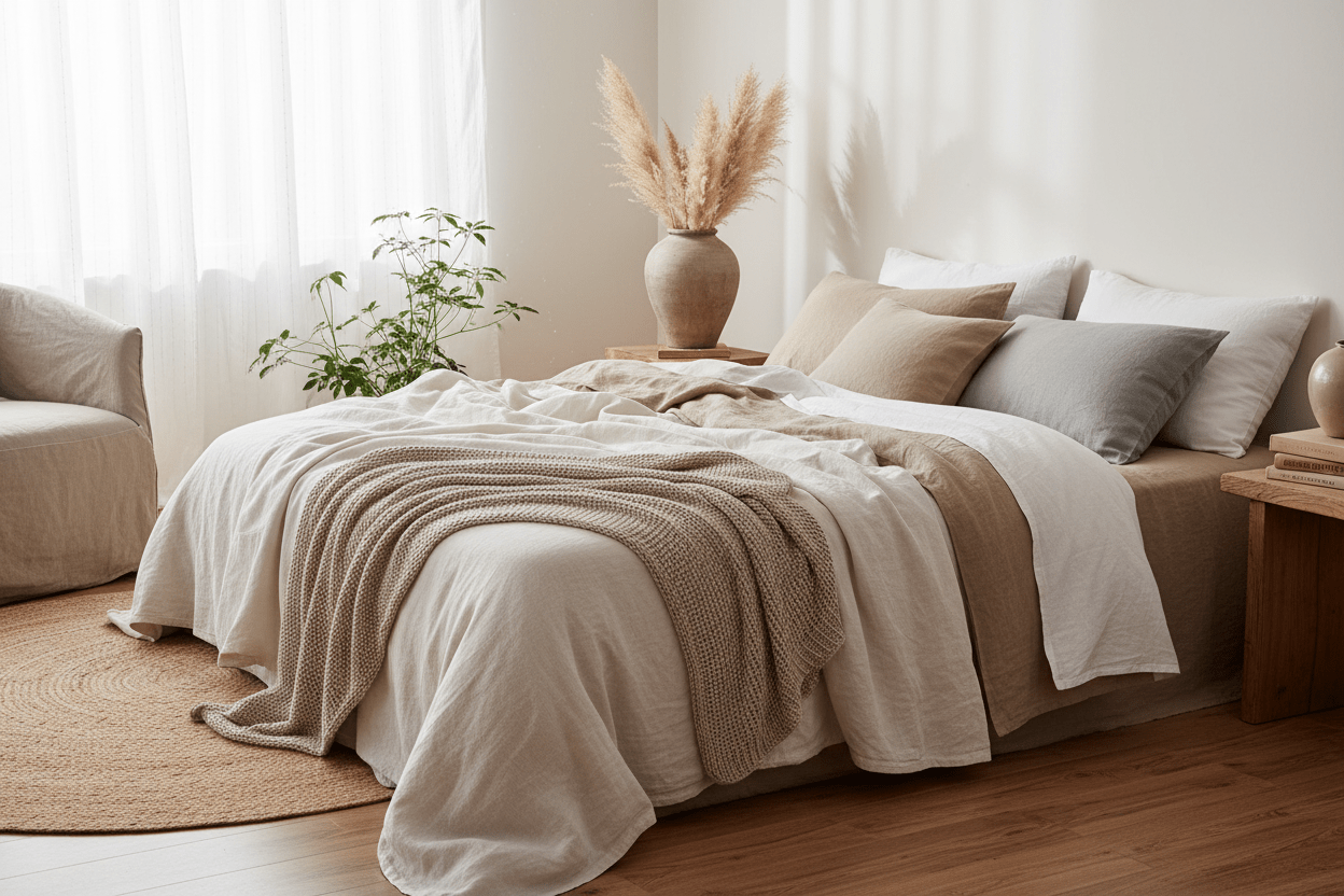 On one side of the bed, a folded corner reveals layered fabric textures to subtly suggest differences in material quality. No people present. No logos, labels, or text. 