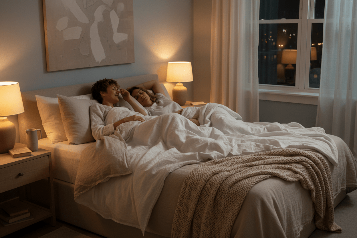 Couple sleeping comfortably in breathable linen bedding with cooling sheets designed to reduce night sweats and improve sleep quality
