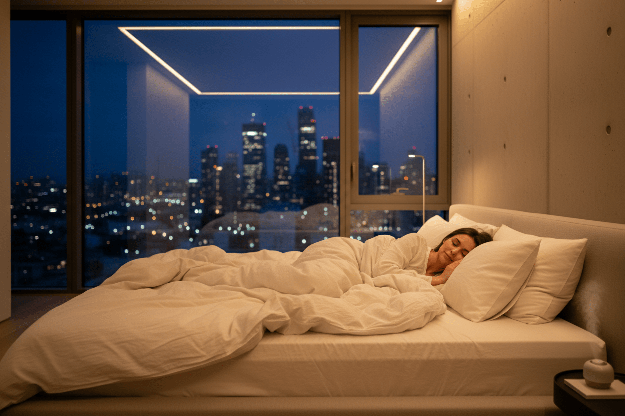 Breathable cotton and linen bedding in a modern bedroom at night helping reduce night sweats during menopause