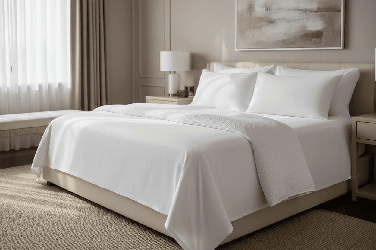 Luxury hotel-quality bedding with crisp white cotton sheets, fluffy duvet and premium pillows in a modern bedroom