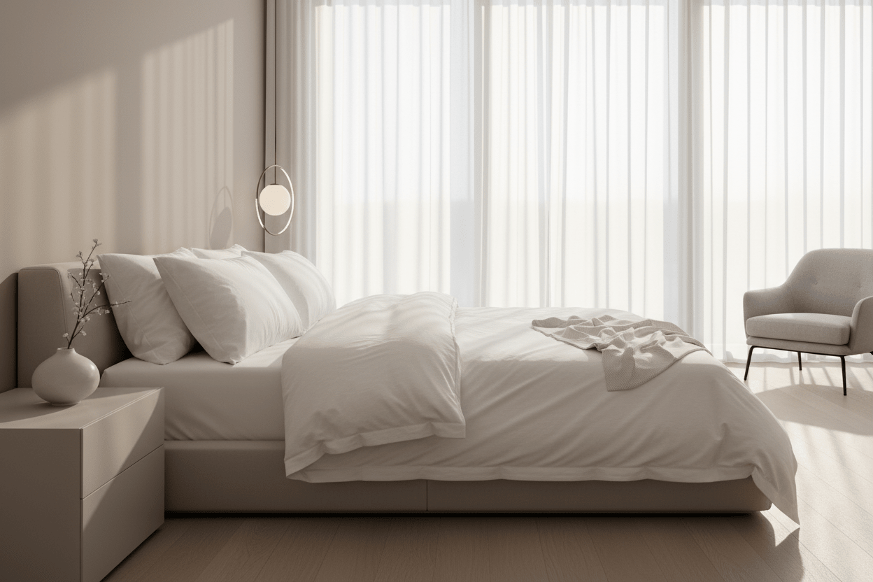Premium 100% cotton bedding in a bright bedroom showing natural texture and everyday comfort
