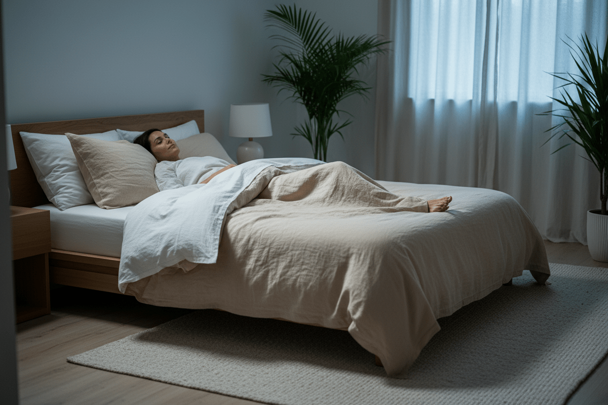 Person sleeping comfortably in breathable natural linen bedding designed to create a cooler and calmer sleep environment.