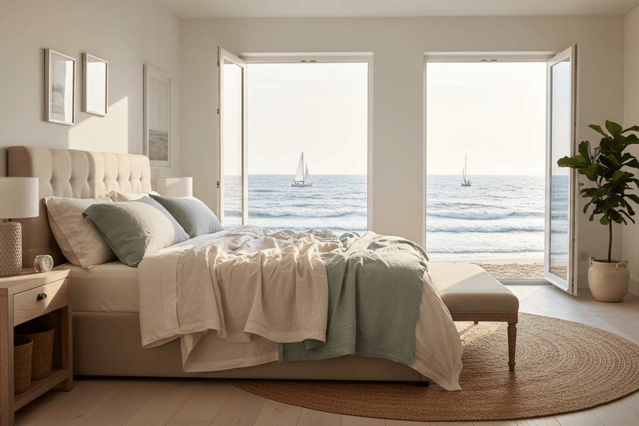 Sunlit bedroom with natural linen bedding and open window overlooking a calm sea view with sailboats and coastal horizon.