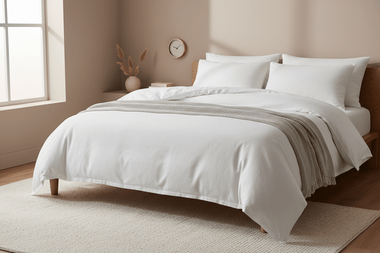 A softly lit bedroom scene featuring a neatly made bed with a high-quality white 100% cotton duvet cover. The cotton fabric has a natural matte texture with subtle creasing, showing realistic weave detail rather than a glossy or overly smooth finish