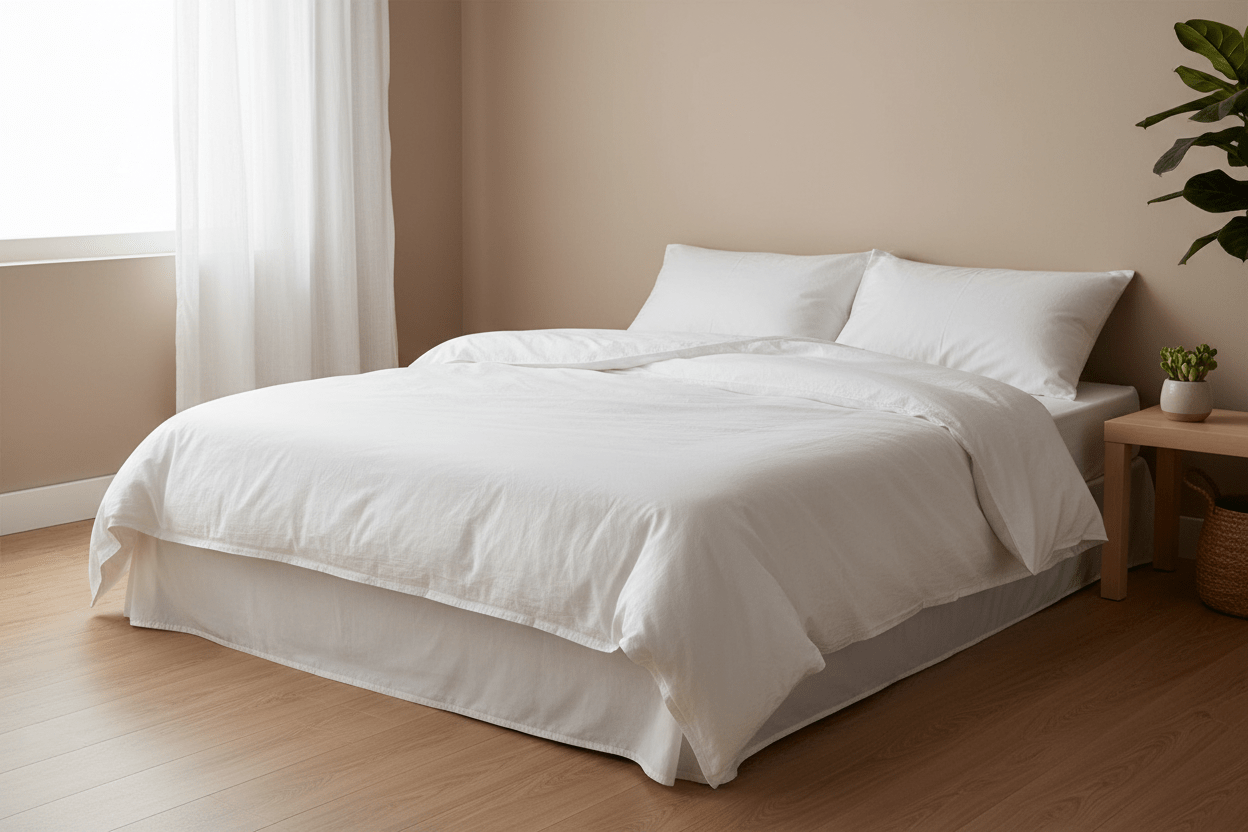 Modern Gen Z bedroom with cotton duvet, fitted bed sheet and pillows without a top sheet