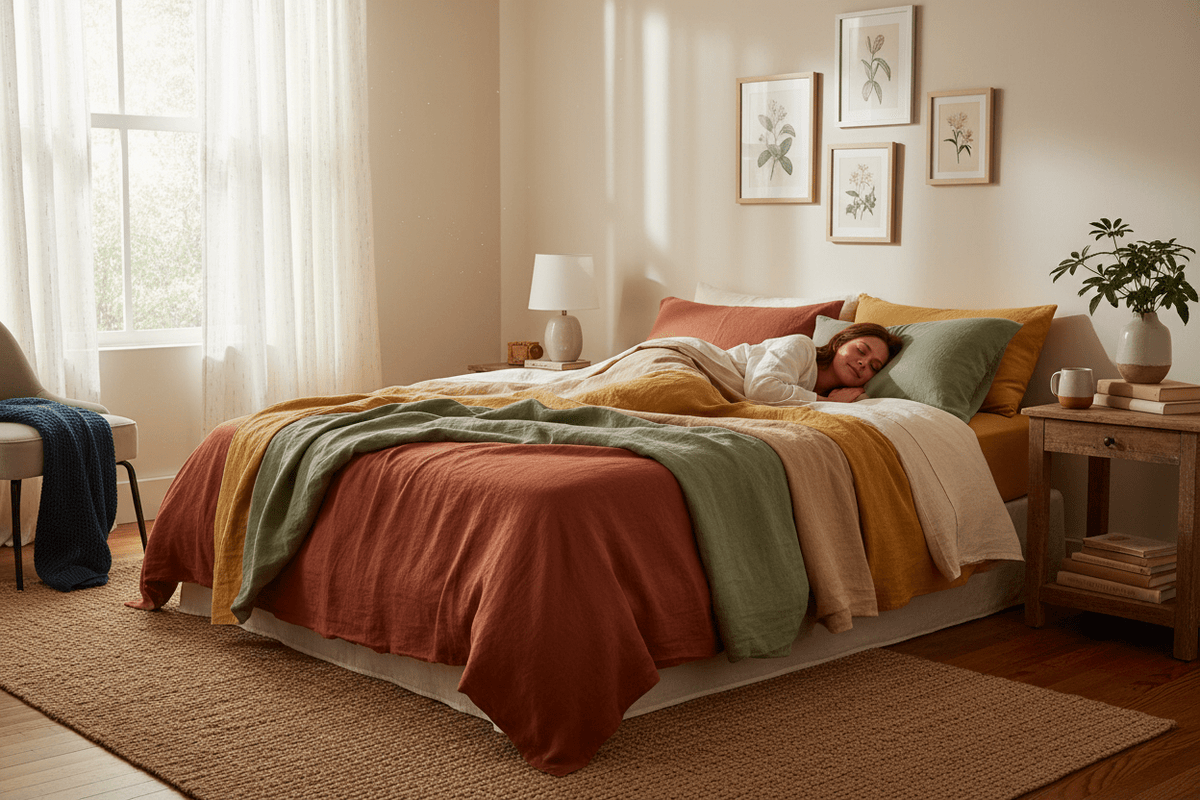 A warm, inviting bedroom scene featuring a colourful bed with soft linen bedding in earthy tones, natural light streaming in. A relaxed person lying comfortably