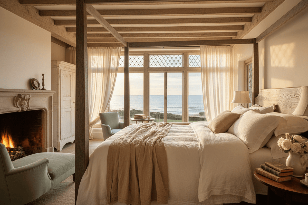 Premium linen bedding in a coastal cottage bedroom with sea views, showcasing breathable European flax linen bed linen and luxury sleep comfort.