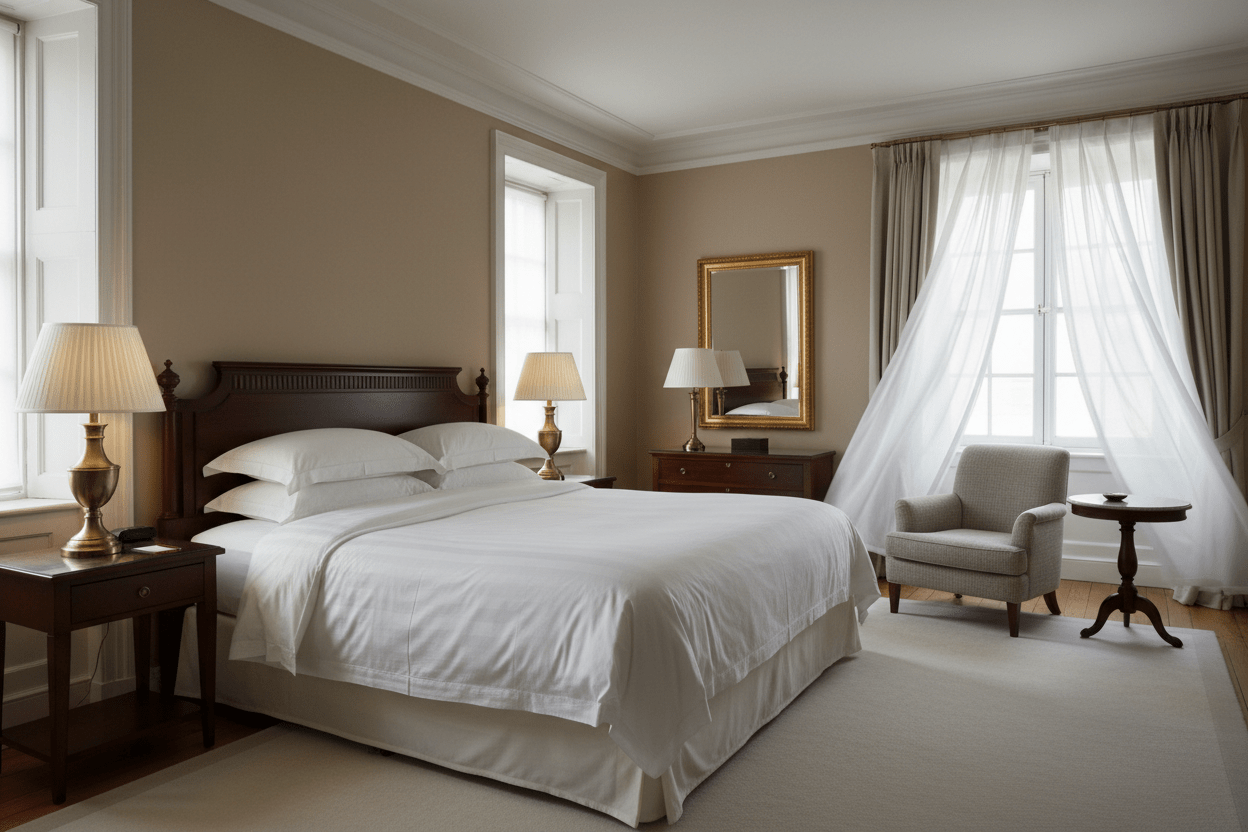 Traditional 5-star hotel bedroom with crisp white cotton bedding, plush pillows, elegant dark wood furniture and soft natural morning light.