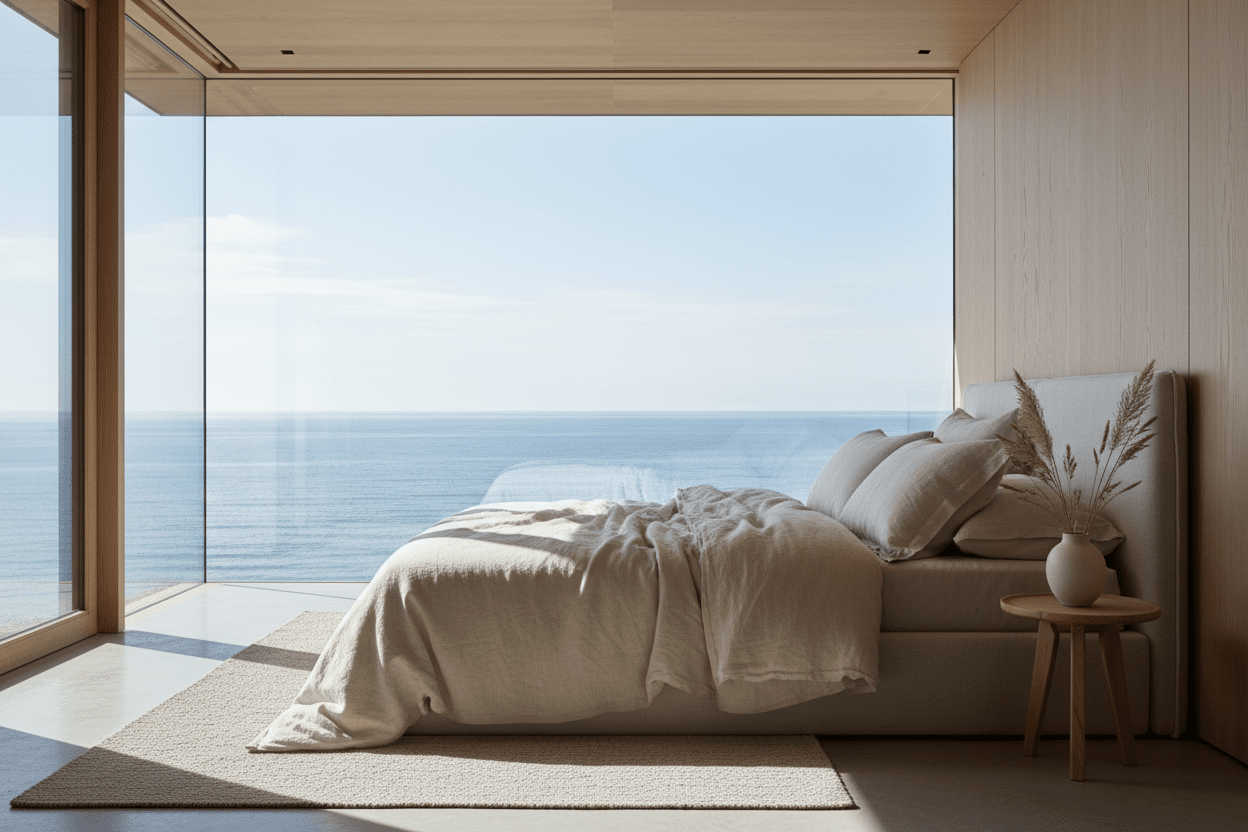 •	Bedroom styled with neutral linen bedding and natural light and sea view