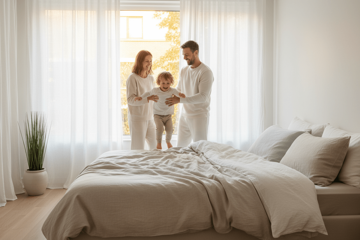 Couple and child enjoying premium Linen Bay cotton bedding in a bright bedroom, showcasing comfort, luxury bedding quality and better sleep experience.