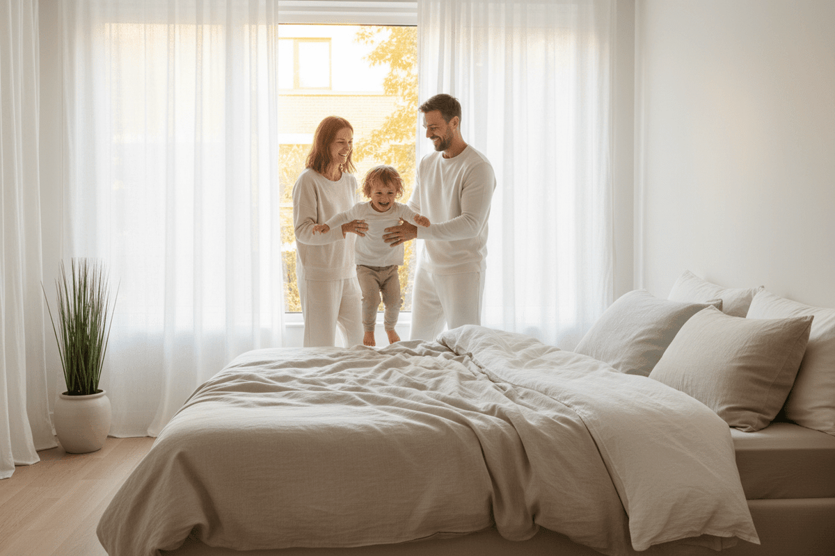 Couple and child enjoying premium Linen Bay cotton bedding in a bright bedroom, showcasing comfort, luxury bedding quality and better sleep experience.