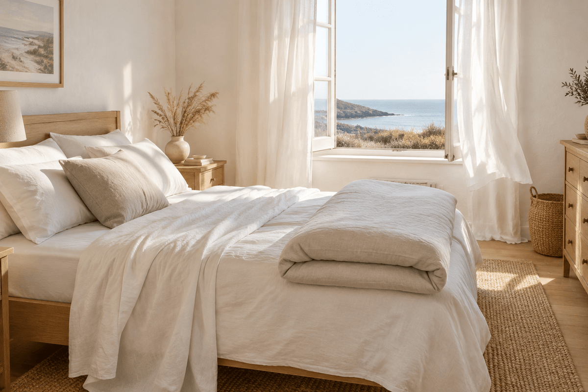 Breathable cotton and linen bed sheets with the duvet folded back for a cool, minimal summer bedding setup