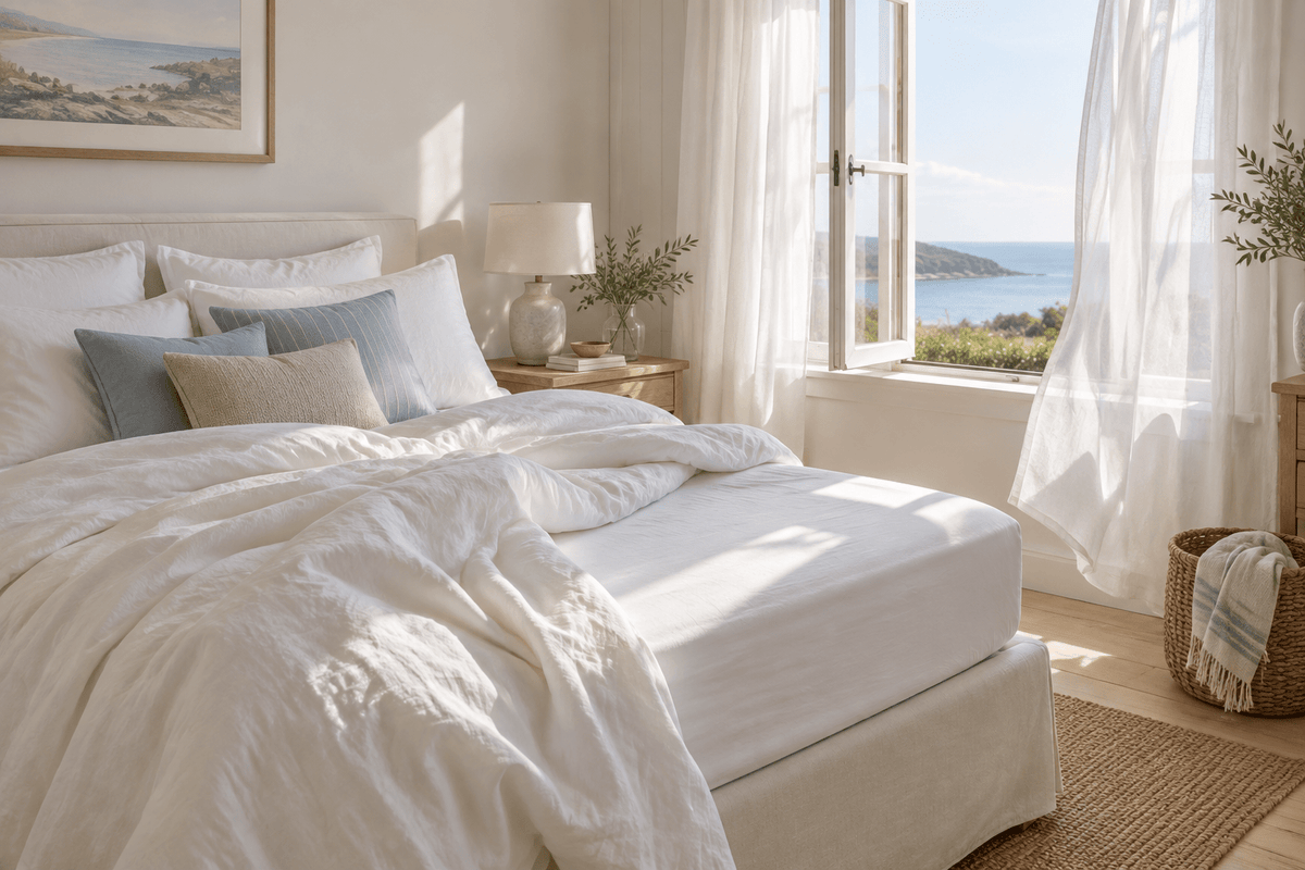 Unmade bed with cotton bedding and duvet folded back to air beside an open bedroom window