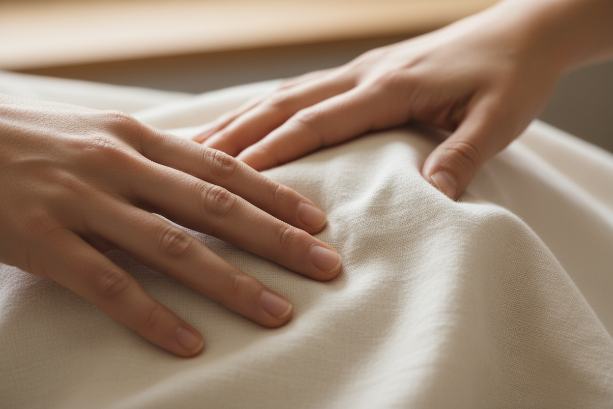 Two hands feeling he softness of the pure cotton fabric
