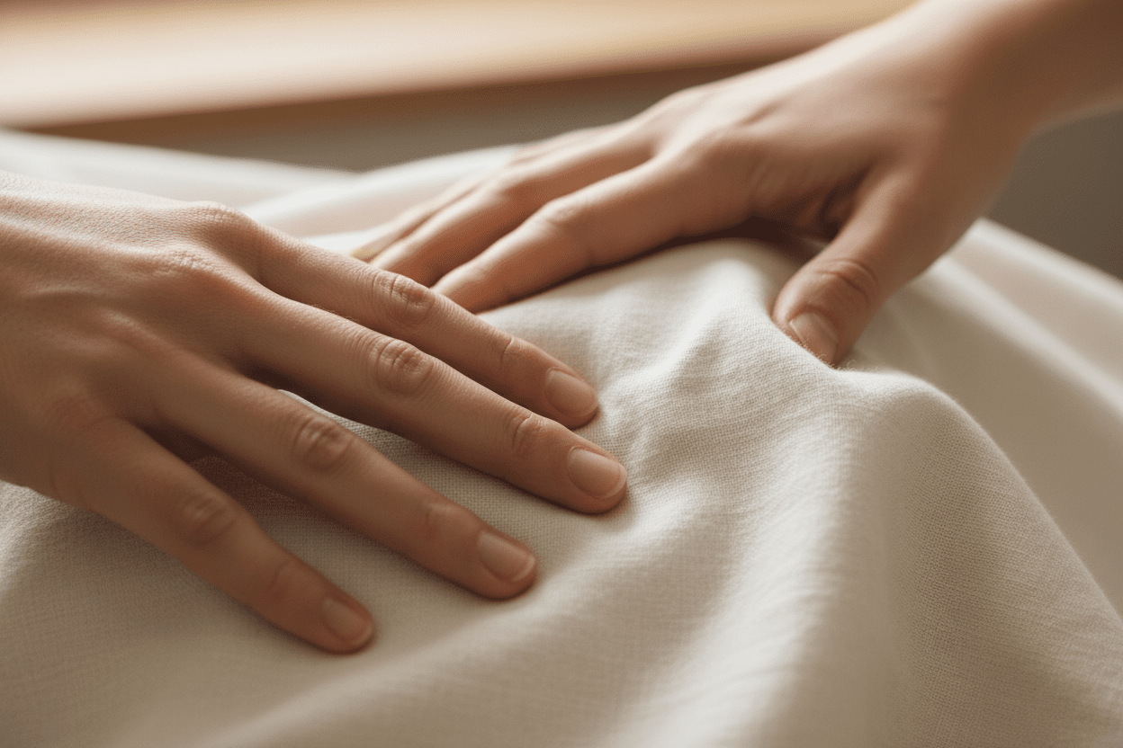 Close-up of hands touching soft cotton organic bedding from Linen Bay