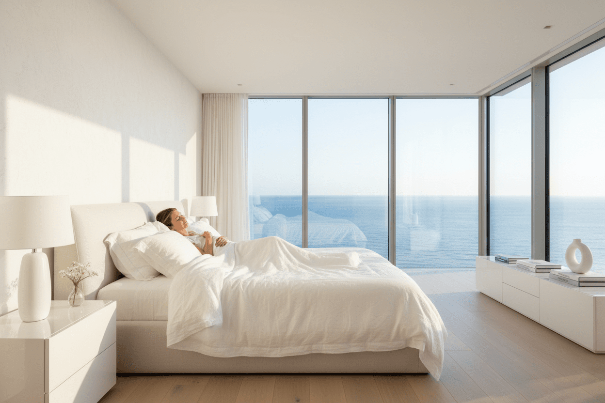 White bed with pure cotton bedding in a contemporary room with a sea view