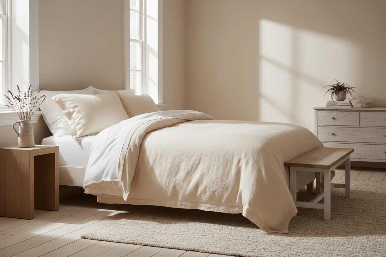 Natural cotton duvet cover and bedding on a bright, comfortable bed