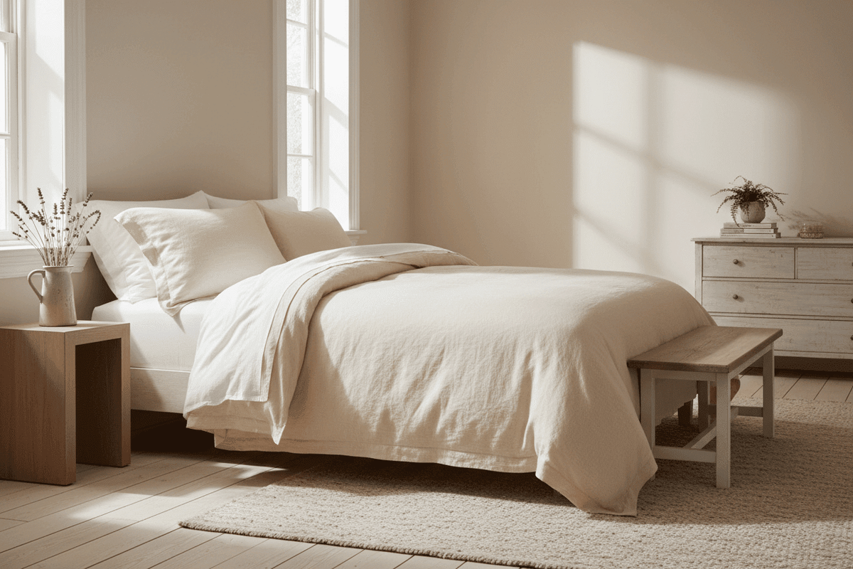 Natural cotton duvet cover and bedding on a bright, comfortable bed