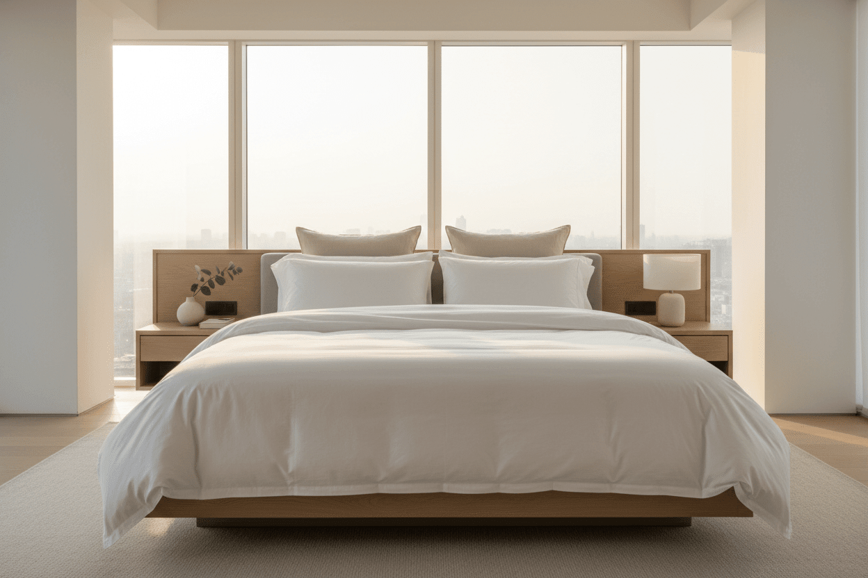 Luxury hotel-style fluffy white duvet on breathable organic cotton bedding in a bright modern bedroom