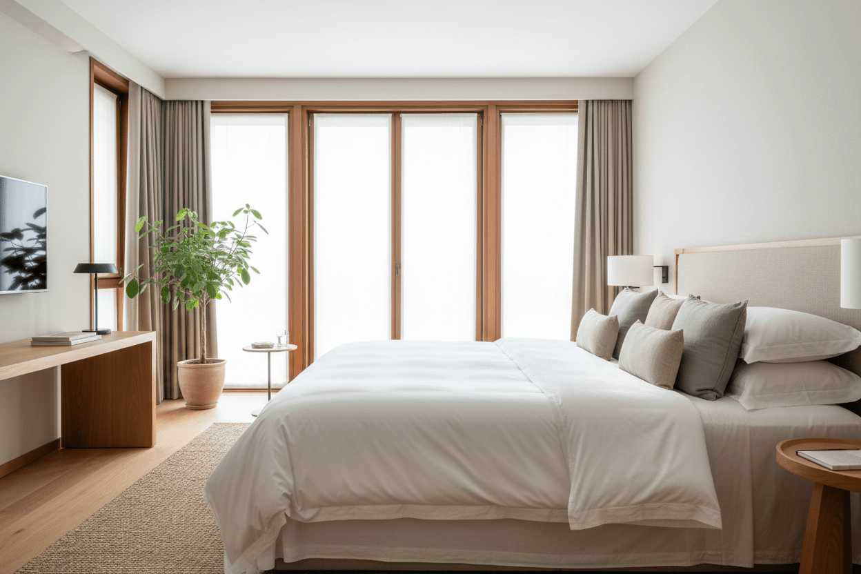 Luxury hotel duvet with fluffy white organic cotton bedding and European linen creating a five-star hotel sleep experience