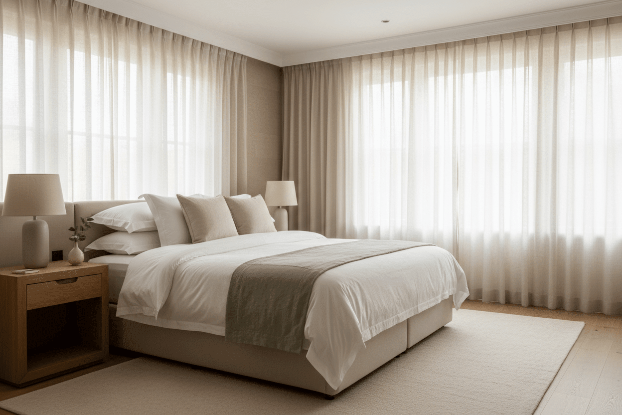 Luxury hotel bed with layered organic cotton bedding and linen duvet creating the seven layers of comfort for better sleep