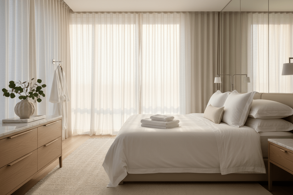 Luxury hotel bed with crisp white organic cotton bedding, plush pillows, folded towels and premium five-star bedroom styling