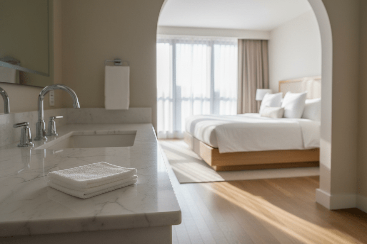 Luxury hotel bathroom with folded white washcloth beside premium cotton bedding in a beautifully presented hotel bedroom