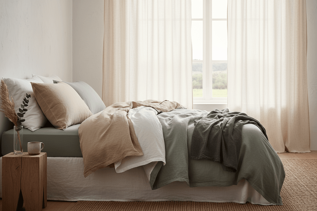 A beautifully made bed featuring layered white and soft neutral bedding in natural cotton and linen textures