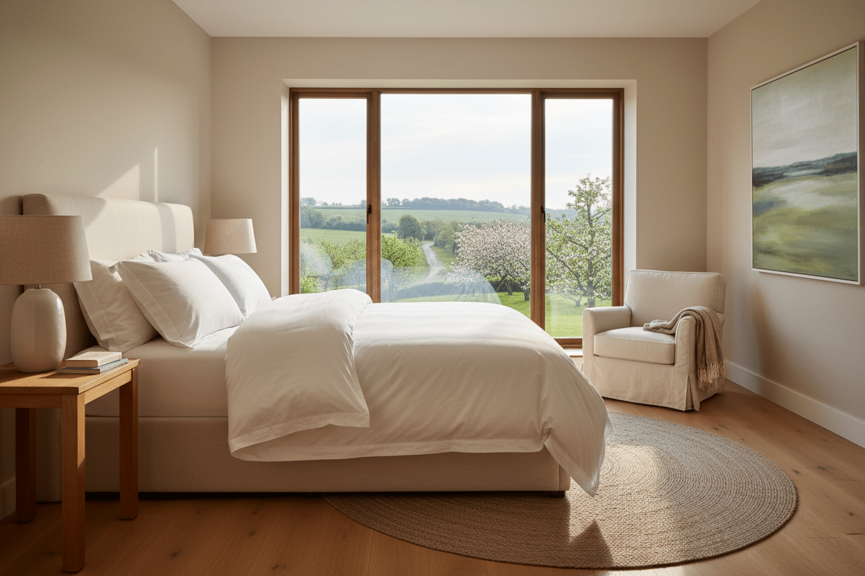 White cotton duvet cover and duvet on a bed beside a large window overlooking countryside fields and an orchard