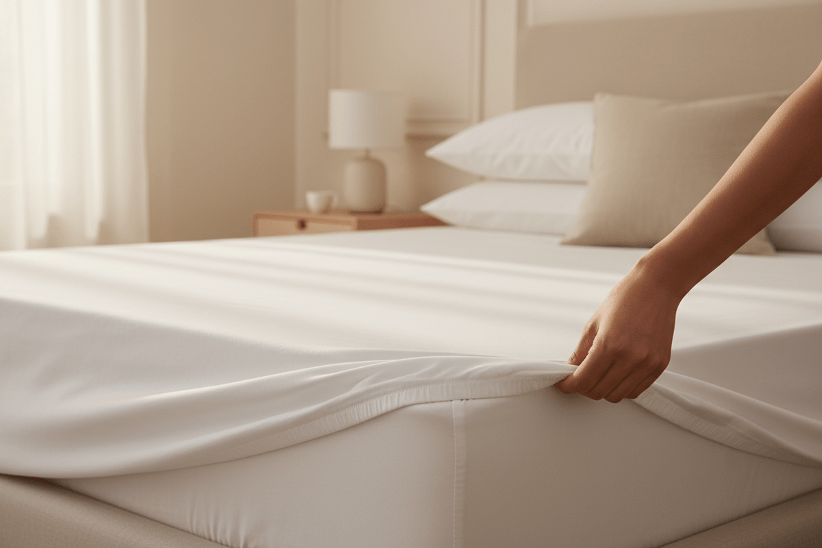 White cotton fitted sheet being stretched over a deep mattress showing fitted sheet fit and shrinkage.
