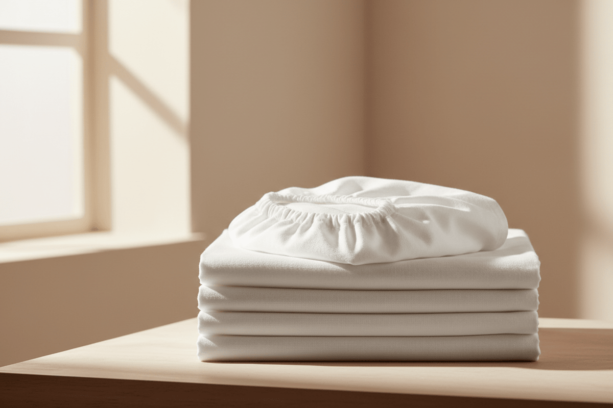 Neatly folded organic cotton fitted sheets showing how to fold a fitted sheet