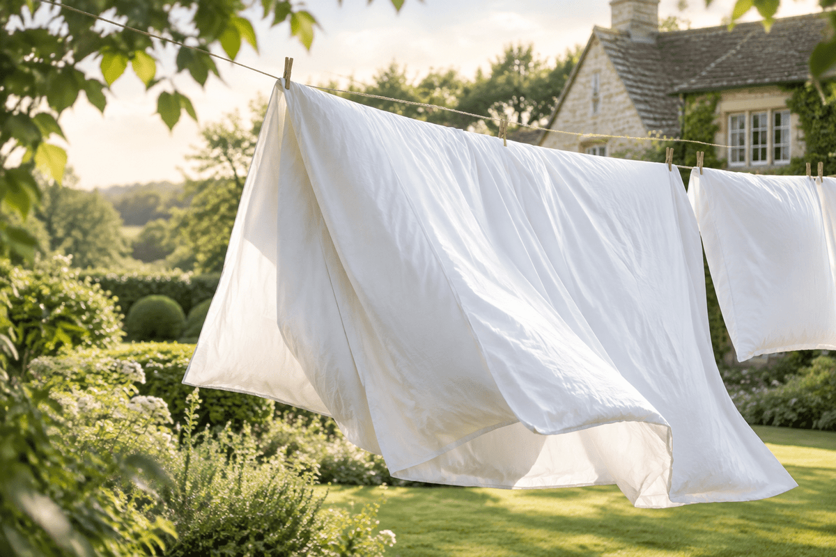 White cotton duvet cover line drying outdoors after washing as an alternative to tumble drying