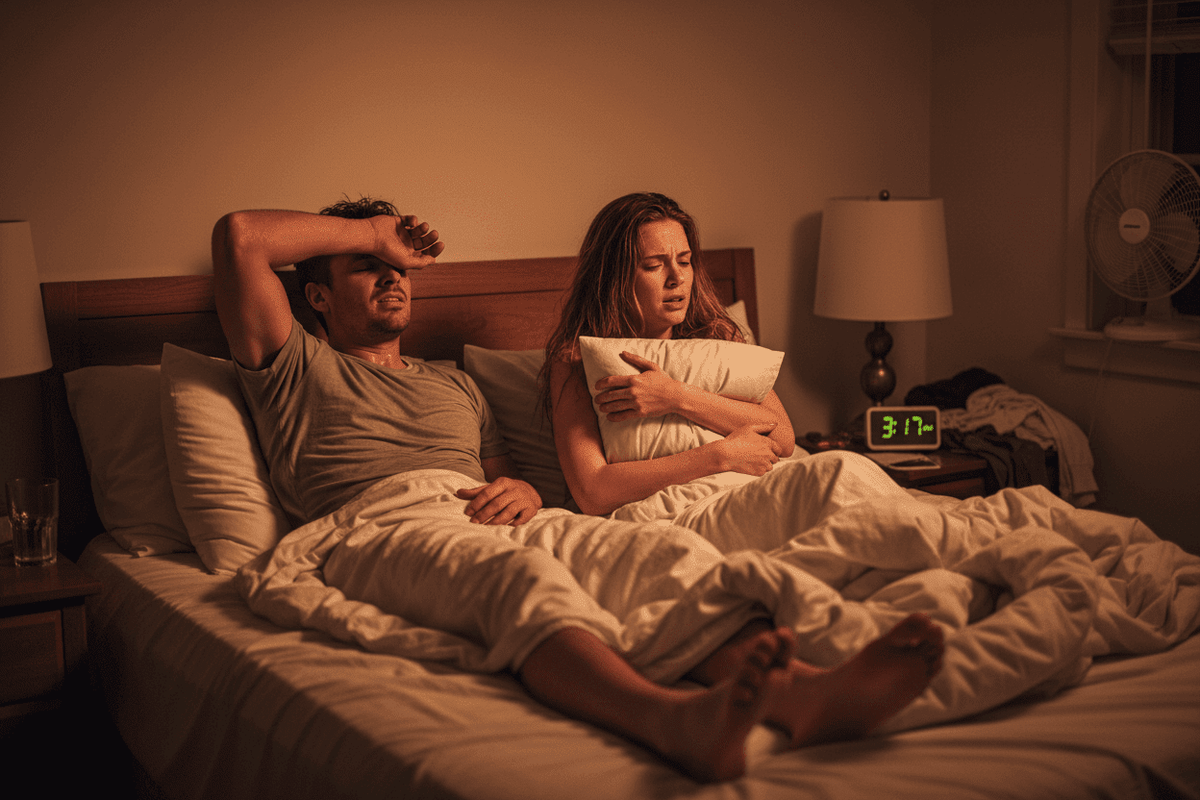 Frustrated couple unable to sleep comfortably due to hot bedding without breathable 100% cotton or linen sheets