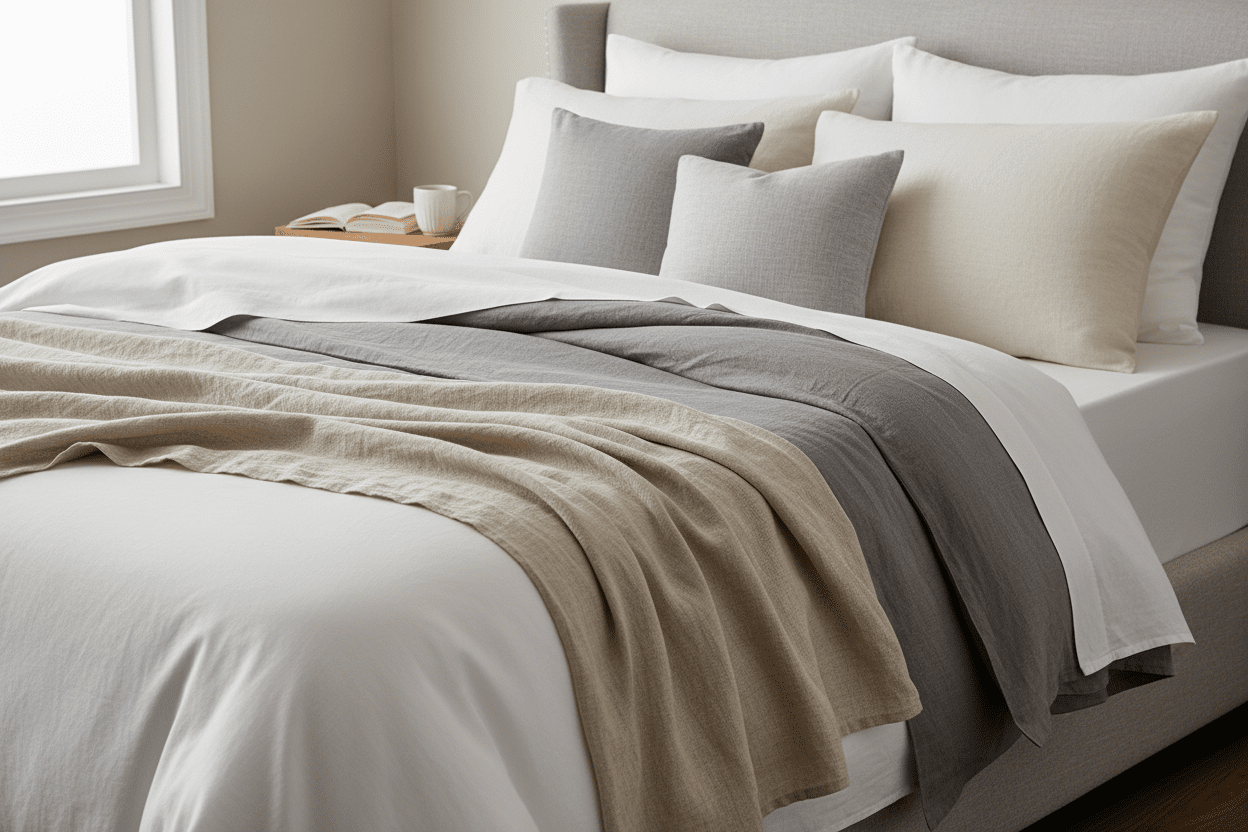 Layered bed with linen throw and cotton base