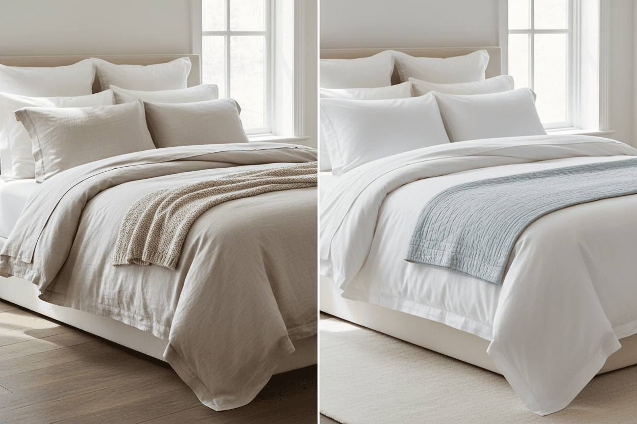 Difference between cotton and Linen Bedding showcased on side by side beds